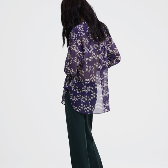 New ZARA Blouse Semi Sheer Navy Blue Button Shirt - Picture 2 of 5